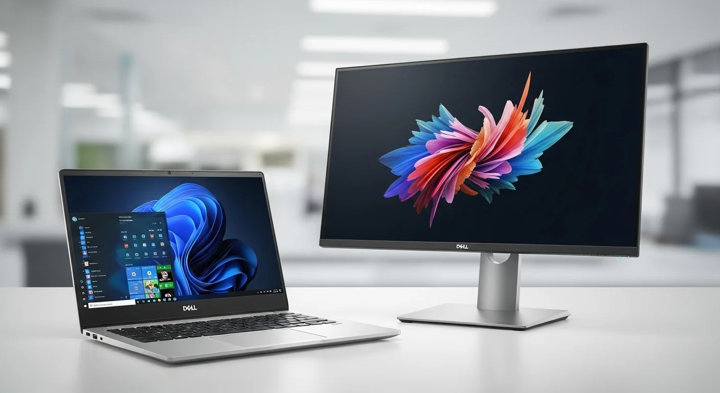 Una moderna computadora Dell XPS laptop junto a un monitor Dell UltraSharp, mostrando el ecosistema de computadoras y tecnología de Dell.