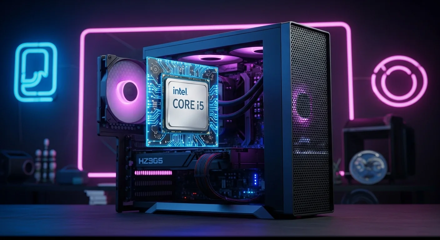 Moderna computadora de escritorio con un procesador Intel Core i5 visible, rodeada de componentes tecnológicos y luces de neón.