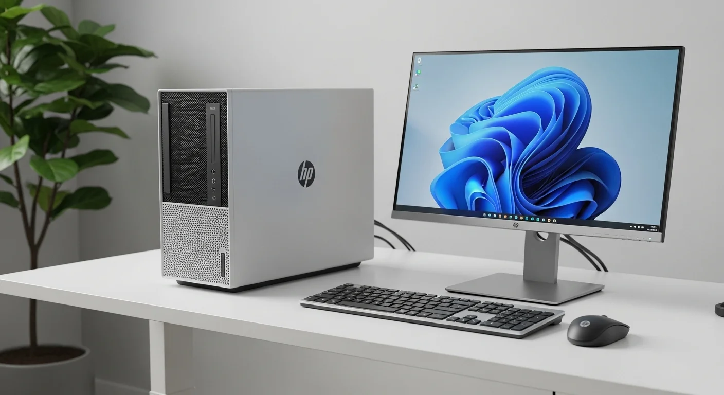 Fotografía de una computadora HP ProDesk 600 G1 SFF en un escritorio moderno de oficina, junto a un monitor, teclado y ratón.