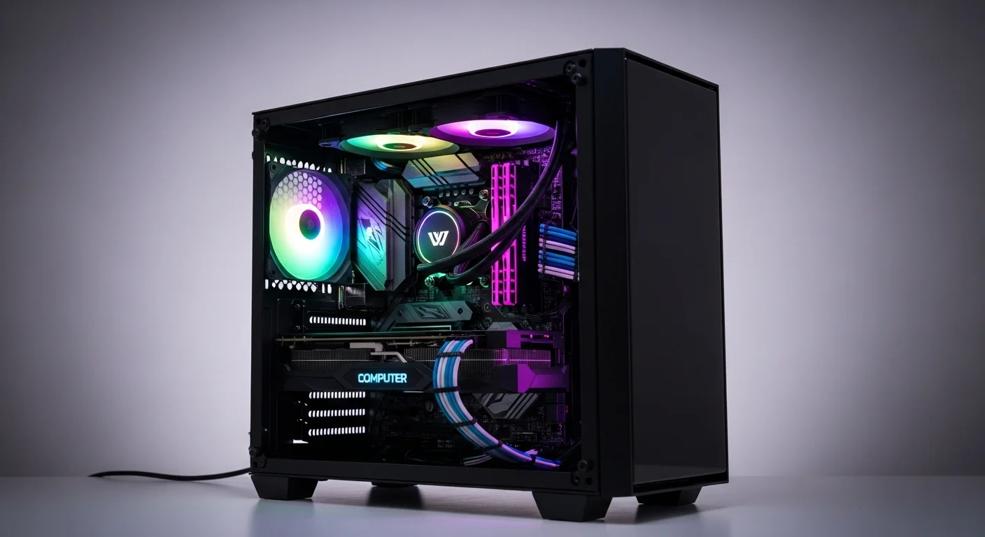 Imagen de una computadora gamer de alto rendimiento con iluminación RGB y componentes visibles, representando el poder de las computadoras para gaming.
