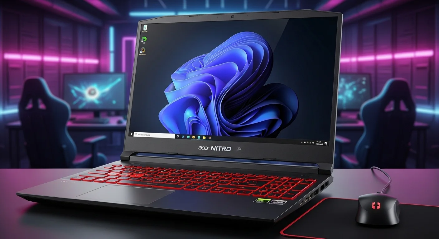 Imagen principal de una computadora portátil gamer Acer Nitro AN515 mostrando su teclado retroiluminado rojo en un entorno de juego
