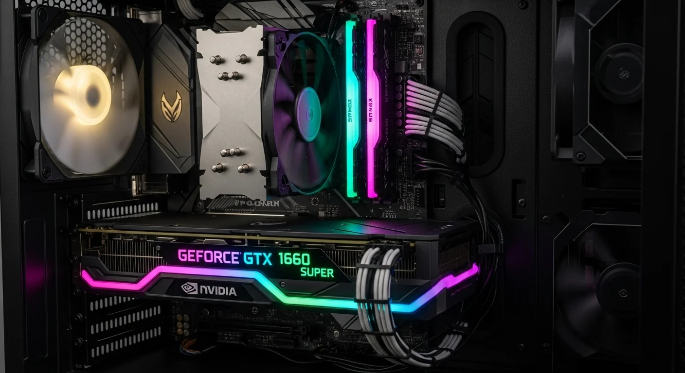 Interior de una computadora para videojuegos con una tarjeta gráfica NVIDIA GeForce GTX 1660 Super iluminada con luces RGB.