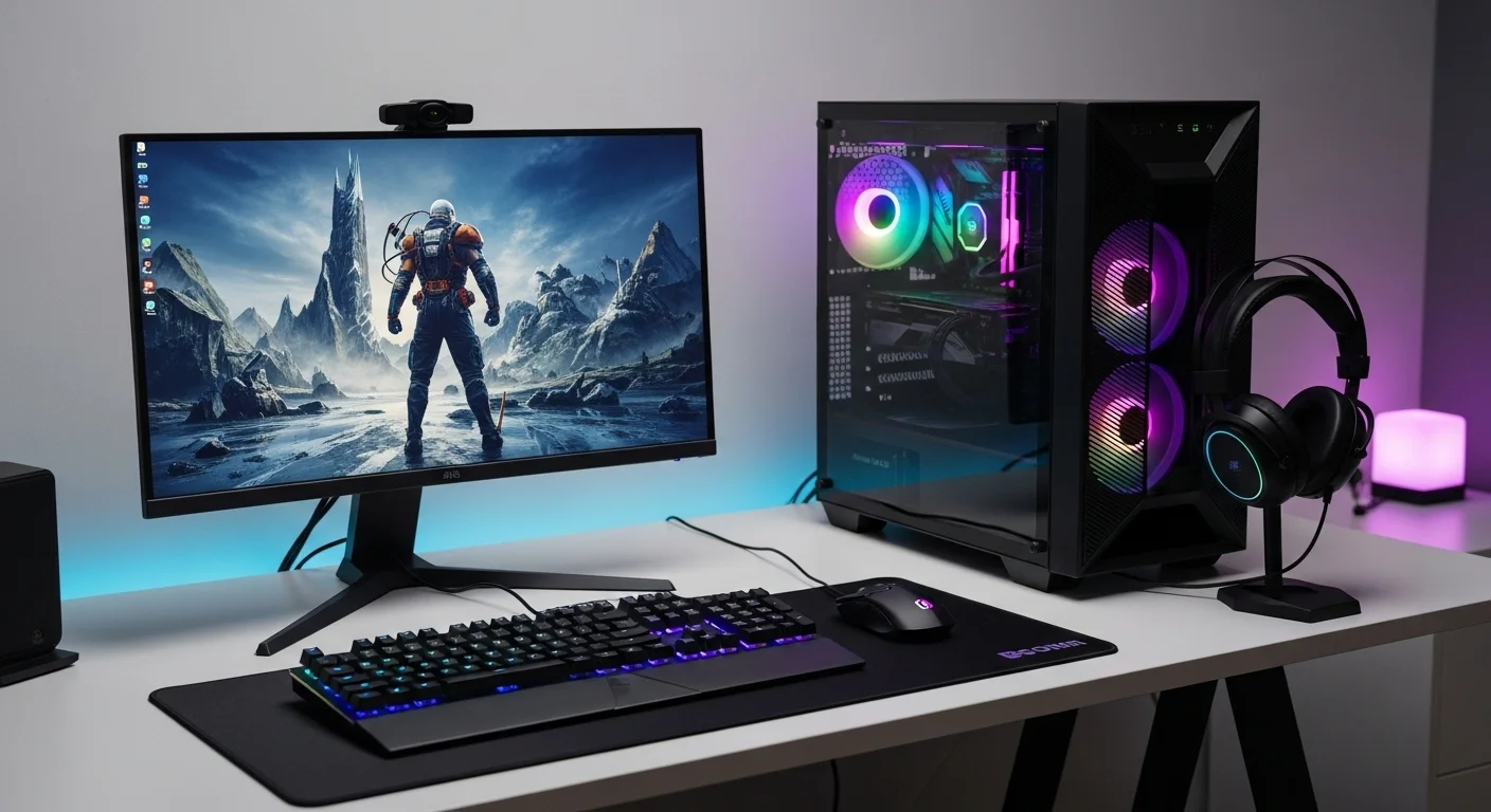 Setup de una computadora gaming de alto rendimiento optimizada para Fps, con luces RGB y periféricos especializados.