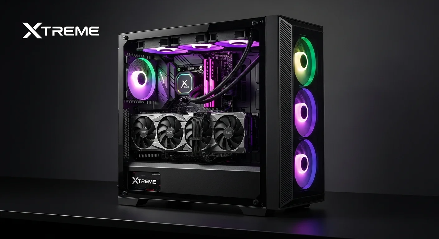 Imagen de una computadora Xtreme con iluminación RGB brillante, mostrando sus componentes internos de alto rendimiento como la tarjeta gráfica y la refrigeración líquida.