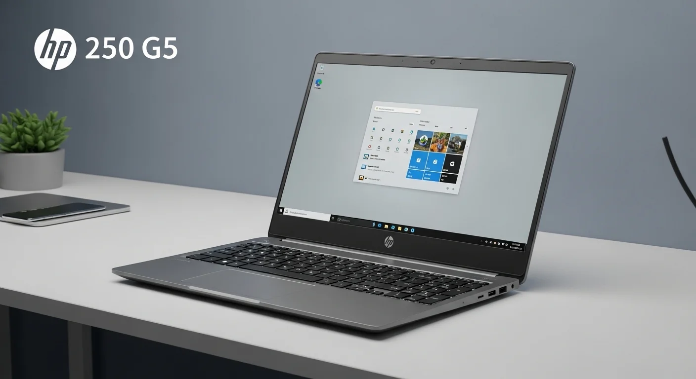 Una computadora portátil HP 250 G5 abierta sobre un escritorio de oficina, mostrando la pantalla y el teclado, con un fondo profesional y tecnológico.
