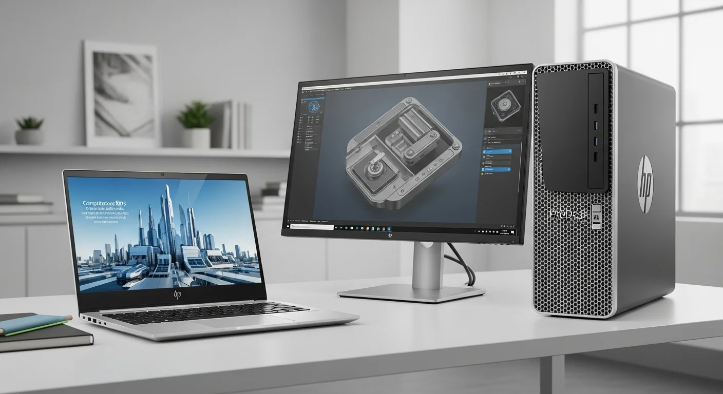 Una composición de una laptop HP Envy i5 y una computadora de escritorio HP ProDesk i5, mostrando la versatilidad de las computadoras HP con procesadores Intel Core i5.