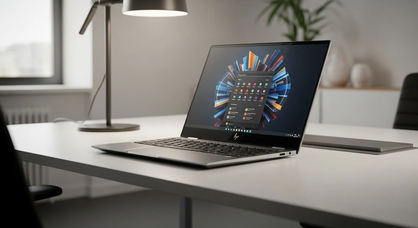 Una computadora HP notebook de la serie Spectre abierta sobre un escritorio moderno, mostrando su diseño elegante y pantalla brillante.