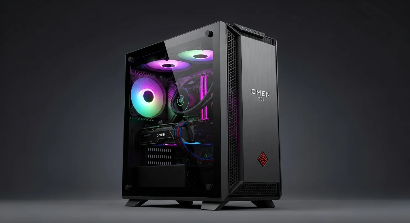 Computadora de escritorio HP Omen 25L con iluminación RGB y panel de vidrio templado, una potente opción para gamers y profesionales de la tecnología.