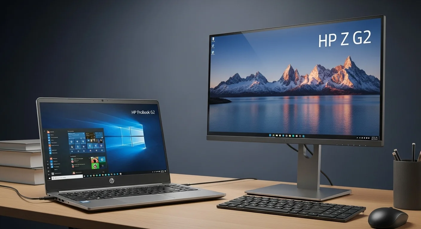 Una configuración de oficina profesional con una computadora laptop HP ProBook G2 conectada a un monitor HP Z G2, mostrando un entorno de trabajo productivo.