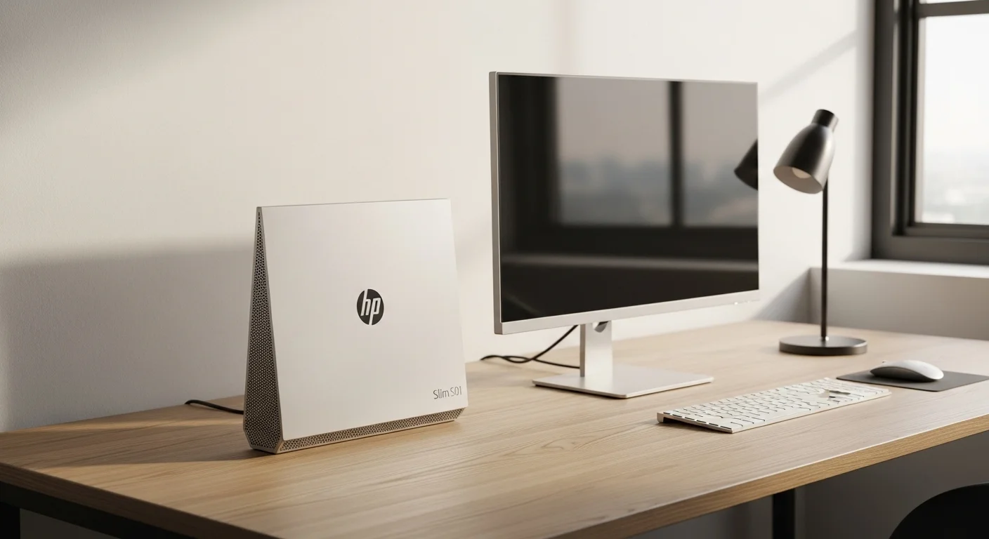 Una computadora HP Slim S01 colocada en un escritorio de oficina moderno y minimalista junto a un monitor slim, mostrando un setup limpio y eficiente.