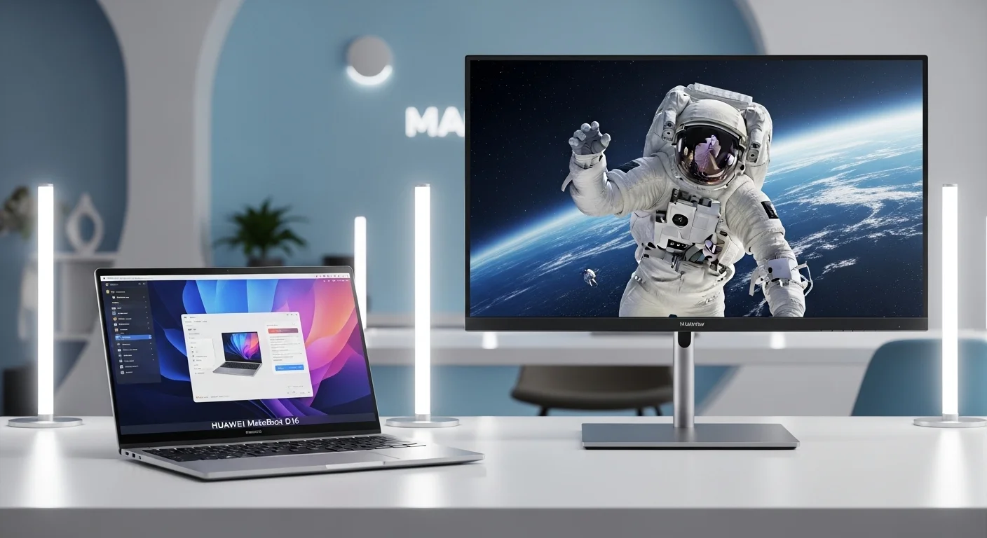 Una computadora Huawei MateBook D16 en un escritorio moderno junto a un monitor Huawei MateView, mostrando la sinergia del ecosistema.