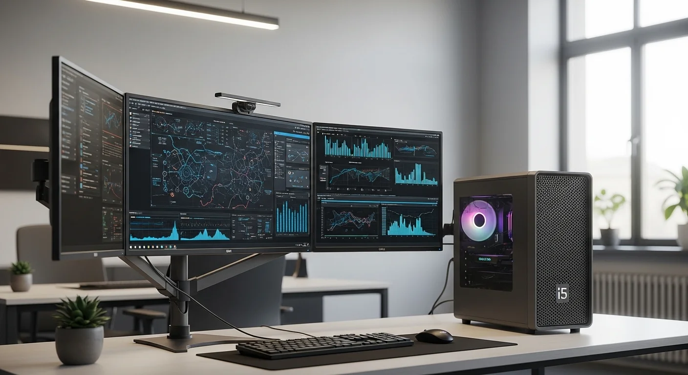Una computadora i5 de escritorio con una configuración moderna de múltiples monitores en una oficina bien iluminada, mostrando gráficos y datos.