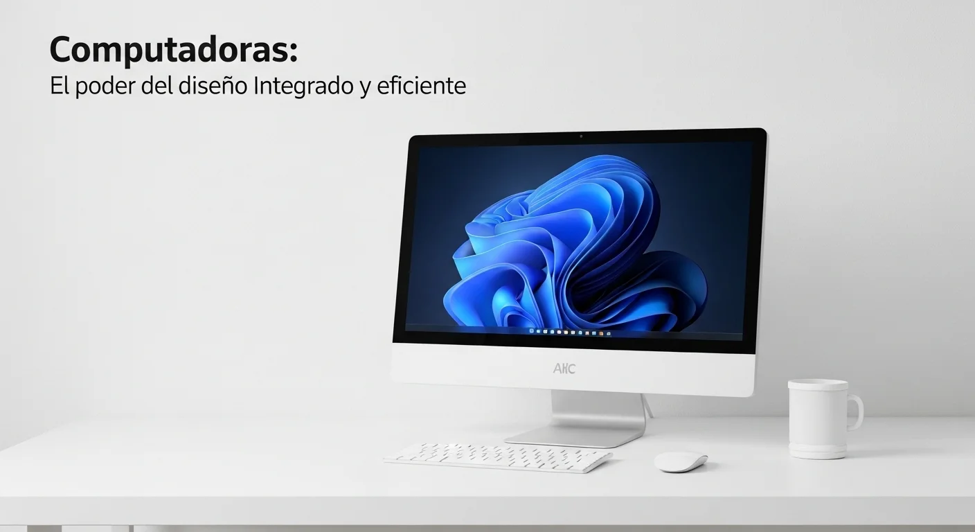 Una computadora All-in-One con diseño integrado en un escritorio moderno y minimalista, mostrando eficiencia.