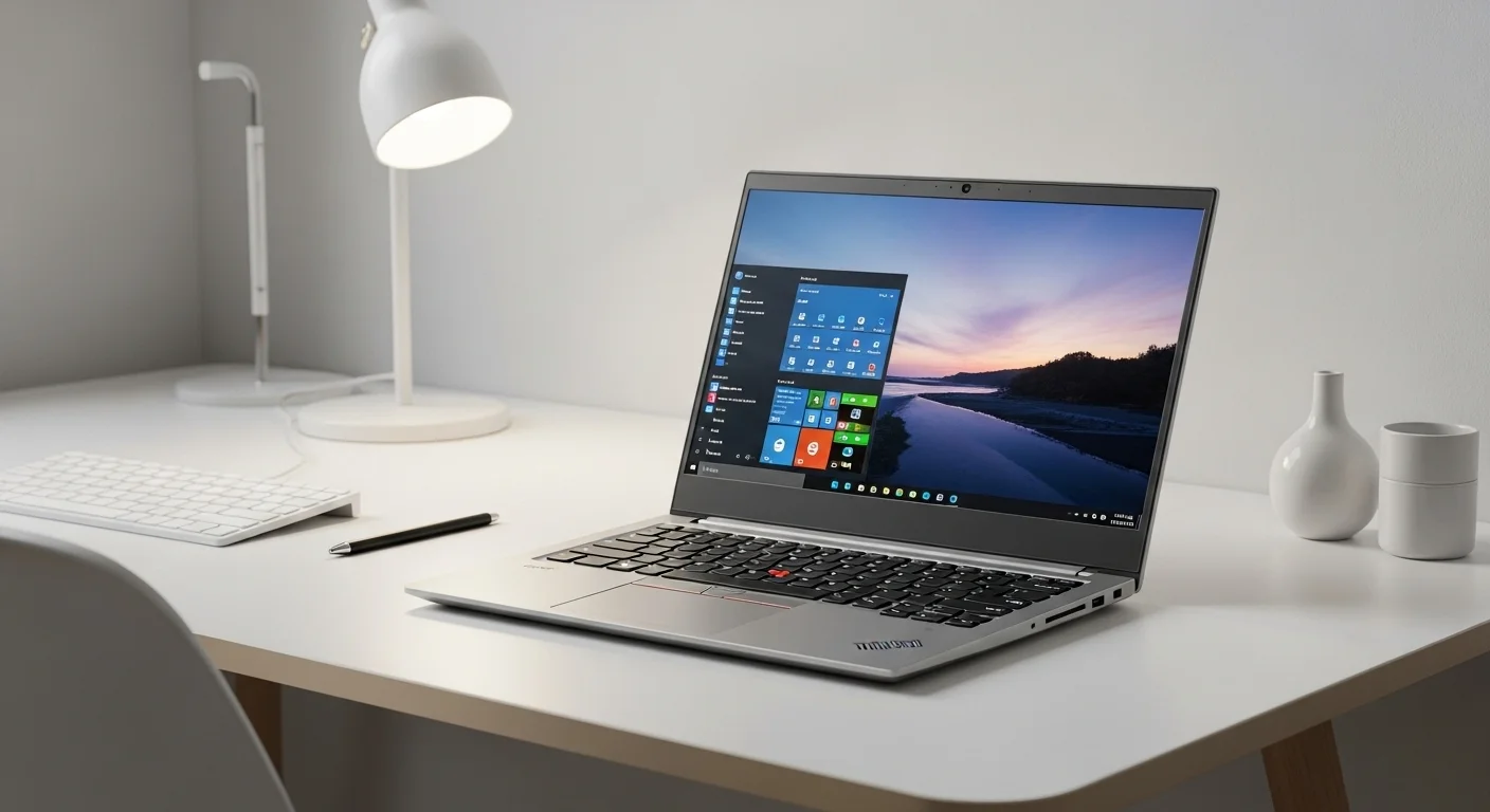 Una laptop empresarial Lenovo ThinkPad i7 sobre un escritorio moderno, mostrando la pantalla y el teclado, simbolizando la productividad y tecnología en computadoras.