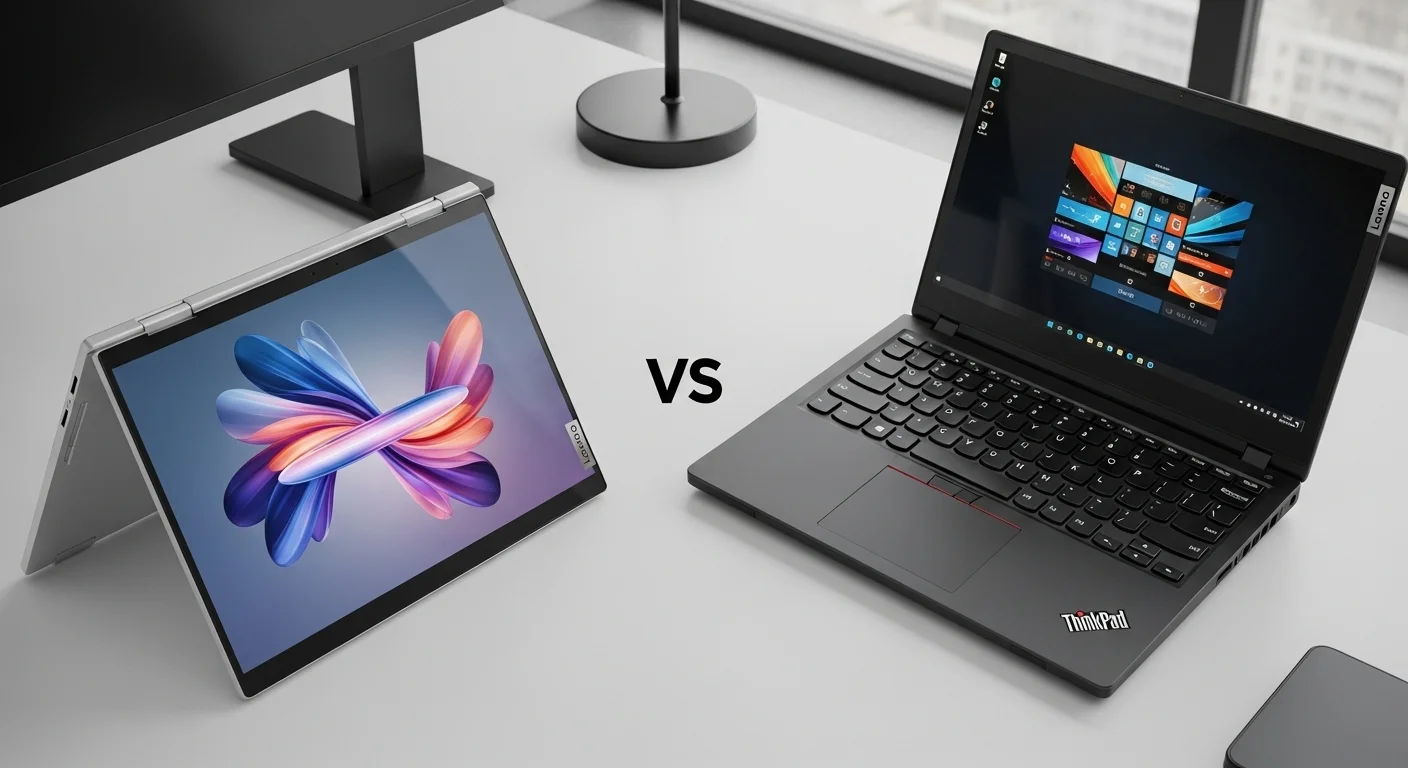Una comparativa visual entre una computadora Lenovo laptop de la serie Yoga, con su diseño convertible y elegante, y una computadora Lenovo ThinkPad, mostrando su robustez y teclado icónico.