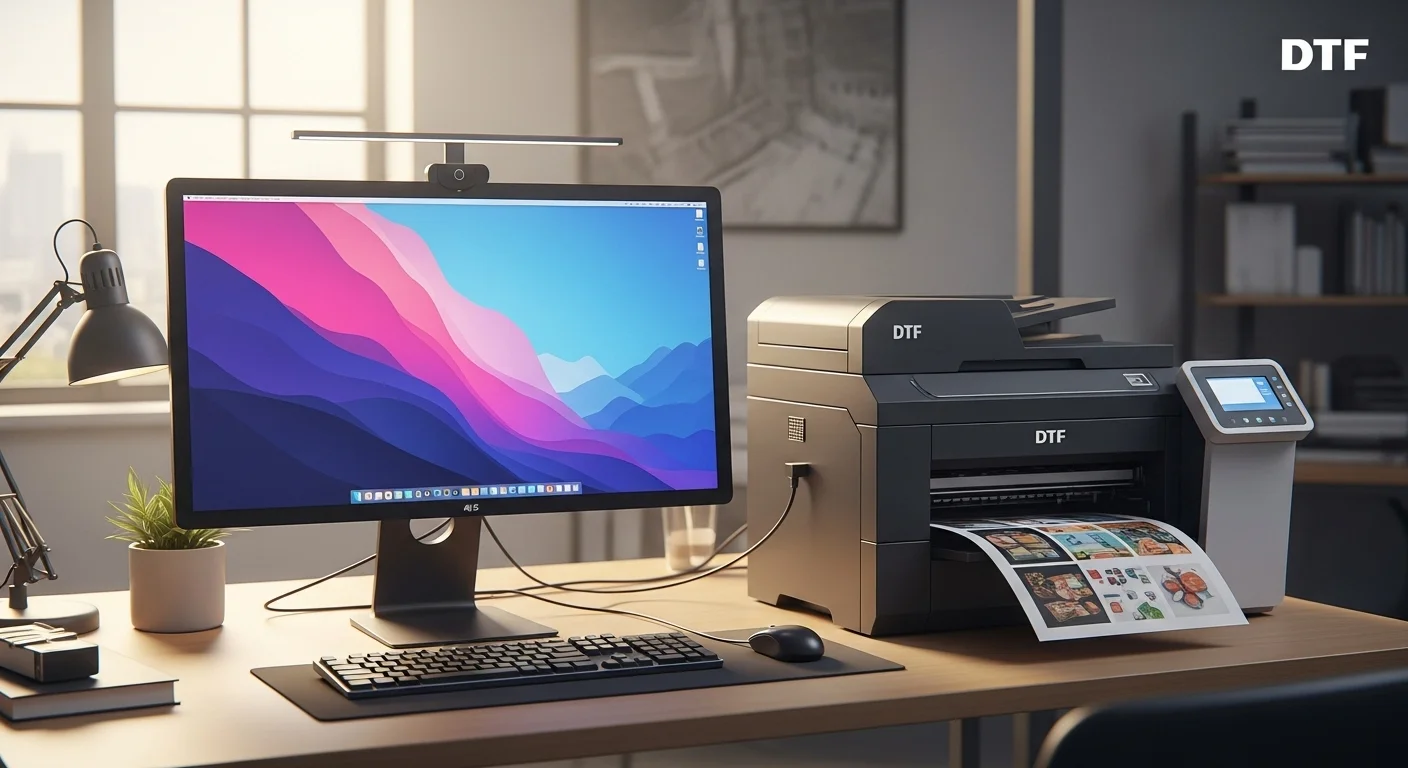Estación de trabajo con computadora de alto rendimiento conectada a una impresora DTF profesional, ilustrando la sinergia entre computadoras y DTF.
