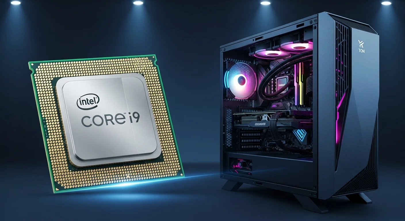 Imagen de una computadora de escritorio moderna y potente con iluminación RGB, mostrando un procesador Intel Core i9 en primer plano.