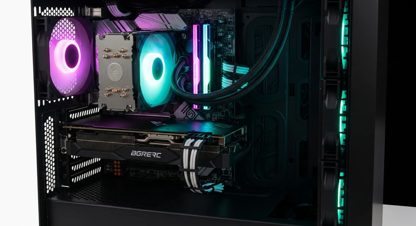 Una computadora de escritorio moderna con iluminación RGB, mostrando sus componentes internos que influyen en el precio.