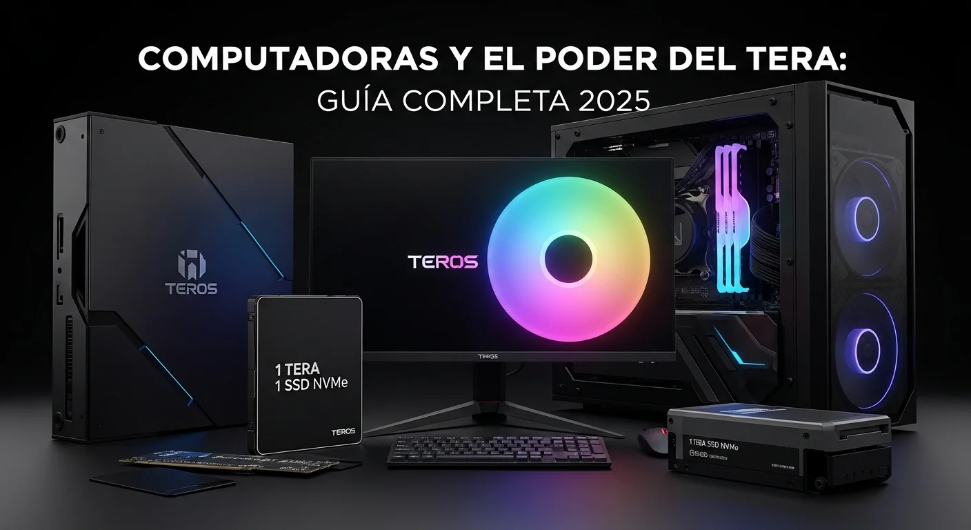 Una composición de componentes de computadora de alto rendimiento, incluyendo un disco duro de 1 tera SSD NVMe y un monitor Teros iluminado.