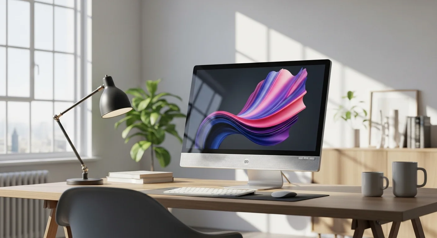 Una computadora Todo En Uno de diseño elegante sobre un escritorio de madera minimalista en una oficina moderna y luminosa.
