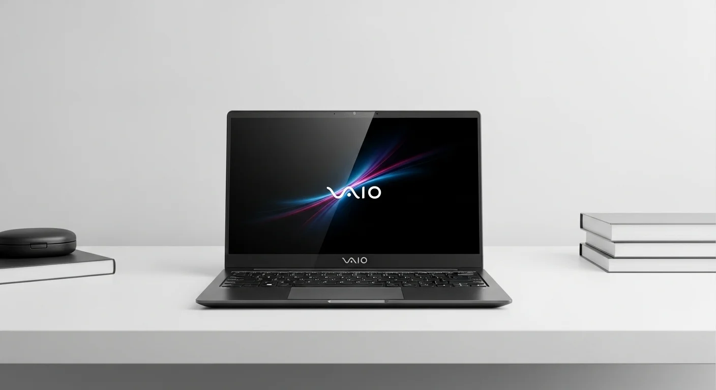 Moderna computadora laptop Vaio de color oscuro sobre un escritorio minimalista, reflejando tecnología y profesionalismo.