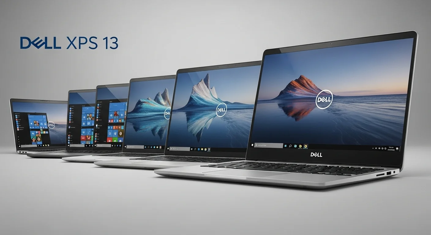 Una fila de varias generaciones de computadoras portátiles Dell XPS 13, mostrando la evolución del diseño y la pantalla InfinityEdge.
