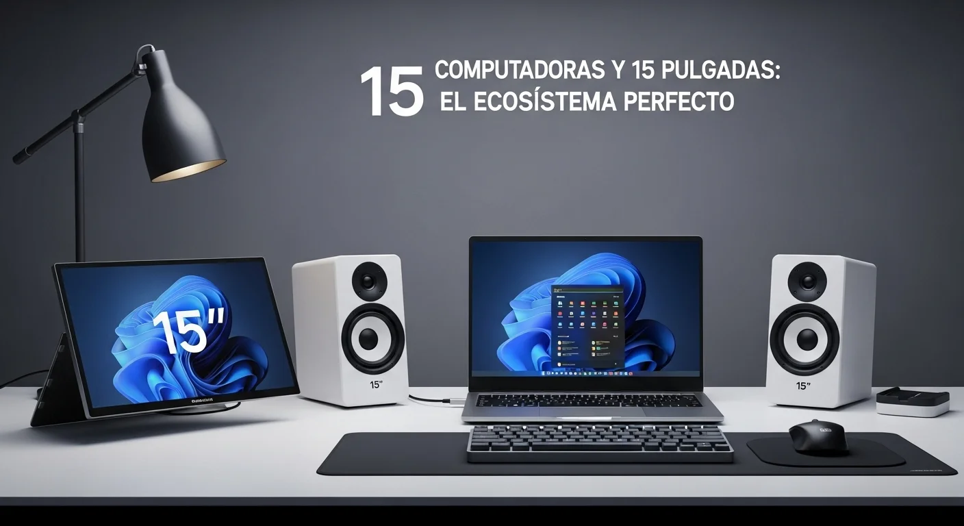 Una estación de trabajo moderna con una computadora portátil de 15 pulgadas en el centro, un monitor portátil de 15 pulgadas al lado y dos parlantes de 15 pulgadas para un audio inmersivo.