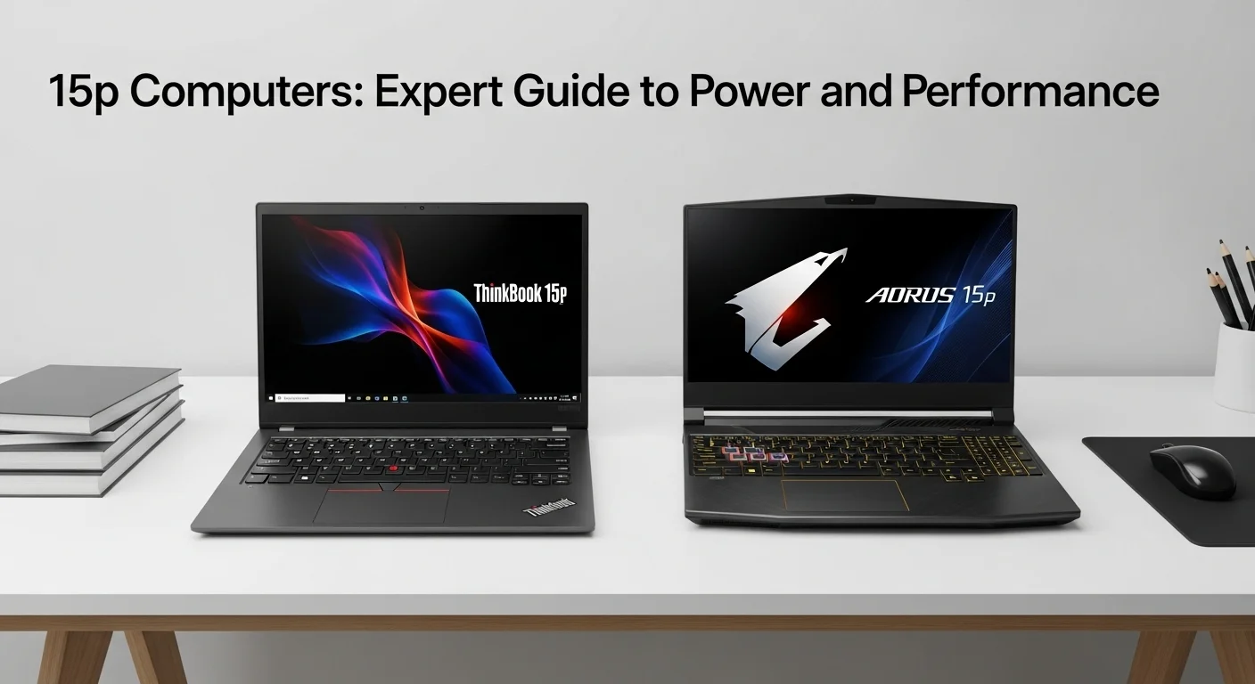 Una laptop Lenovo ThinkBook 15p junto a una Gigabyte Aorus 15p sobre un escritorio de trabajo moderno, simbolizando la fusión de creatividad y gaming.