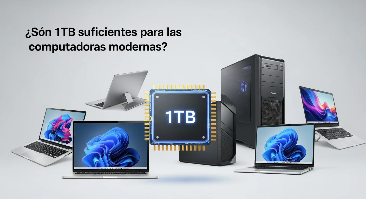 Una composición de varias computadoras y laptops modernas, mostrando en el centro un gráfico estilizado de un chip SSD con la etiqueta '1TB'