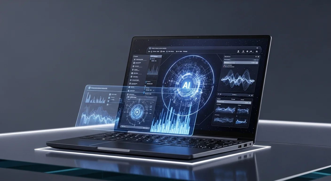 Una laptop futurista de 2025 con una interfaz holográfica mostrando gráficos de inteligencia artificial.