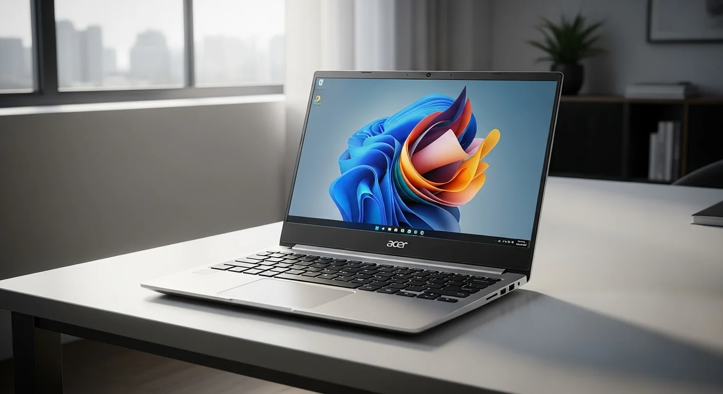Una computadora portátil 3 Acer de la serie Aspire abierta sobre un escritorio moderno, mostrando su diseño elegante y pantalla brillante.