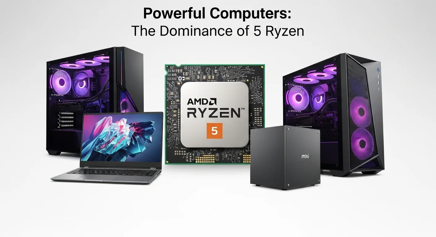 Una imagen estilizada mostrando un procesador 5 Amd Ryzen 5 en el centro, rodeado de varias computadoras, incluyendo una laptop, un PC de escritorio gaming iluminado y un mini PC.