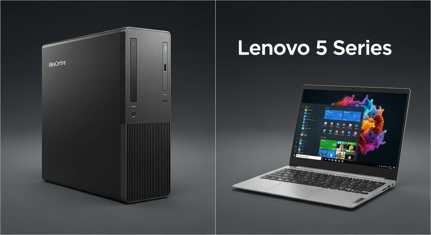 Collage de computadoras de la serie 5 de Lenovo, mostrando un desktop IdeaCentre y un laptop IdeaPad.