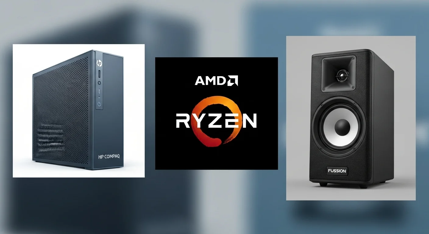 Collage de imagen mostrando una computadora HP Compaq 6000 Pro SFF, el logo de AMD Ryzen y una bocina Fussion 6000 watts.