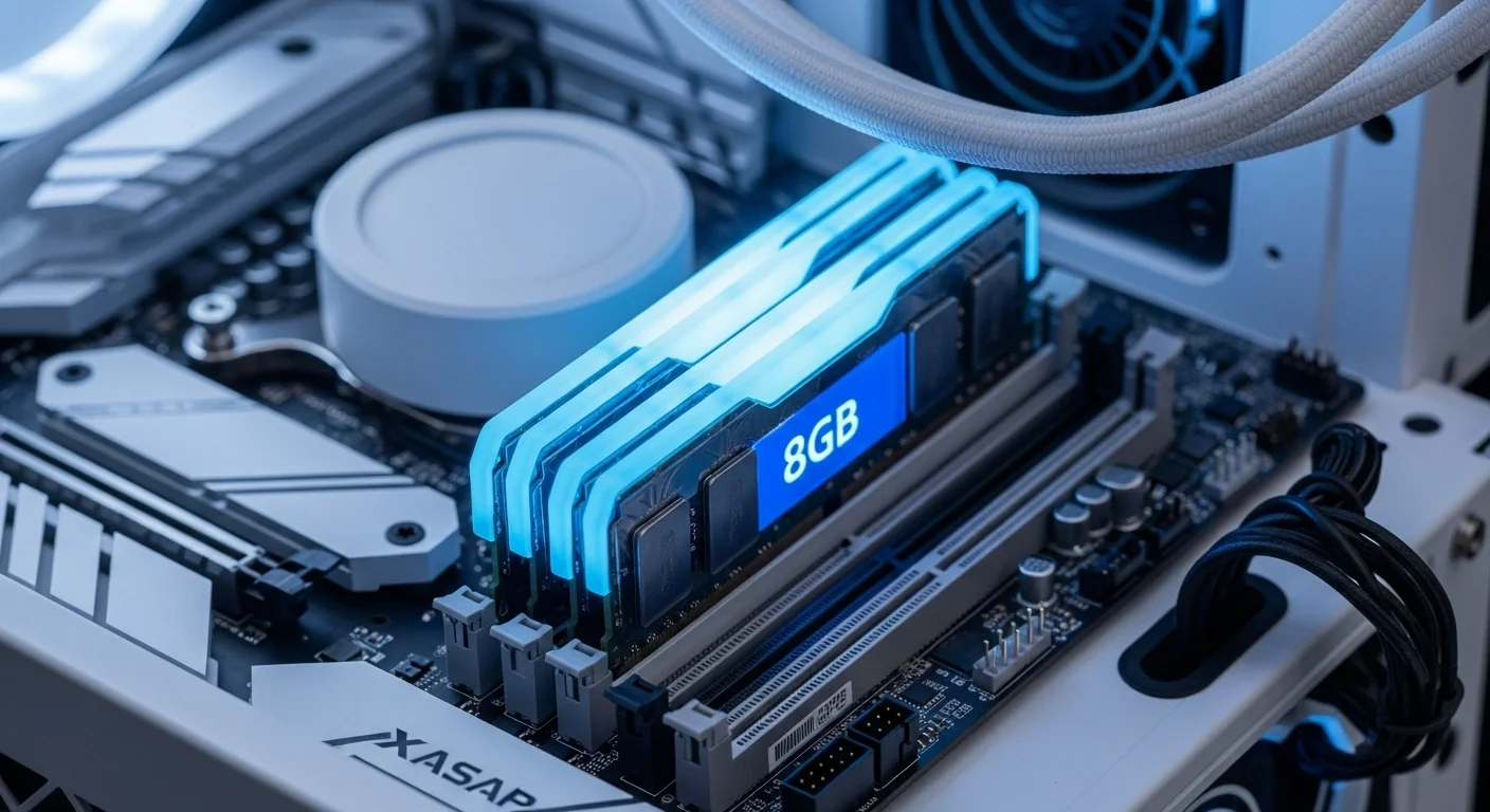 Una imagen mostrando el interior de una computadora moderna, con los módulos de 8GB RAM iluminados, simbolizando rendimiento y tecnología.