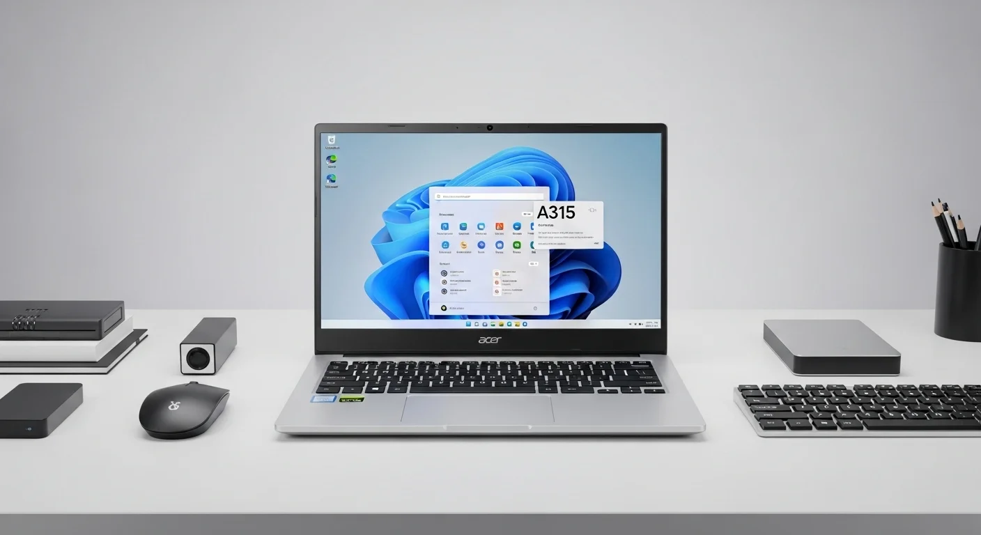 Vista frontal de una de las computadoras laptop Acer A315 sobre un escritorio de oficina con accesorios tecnológicos.