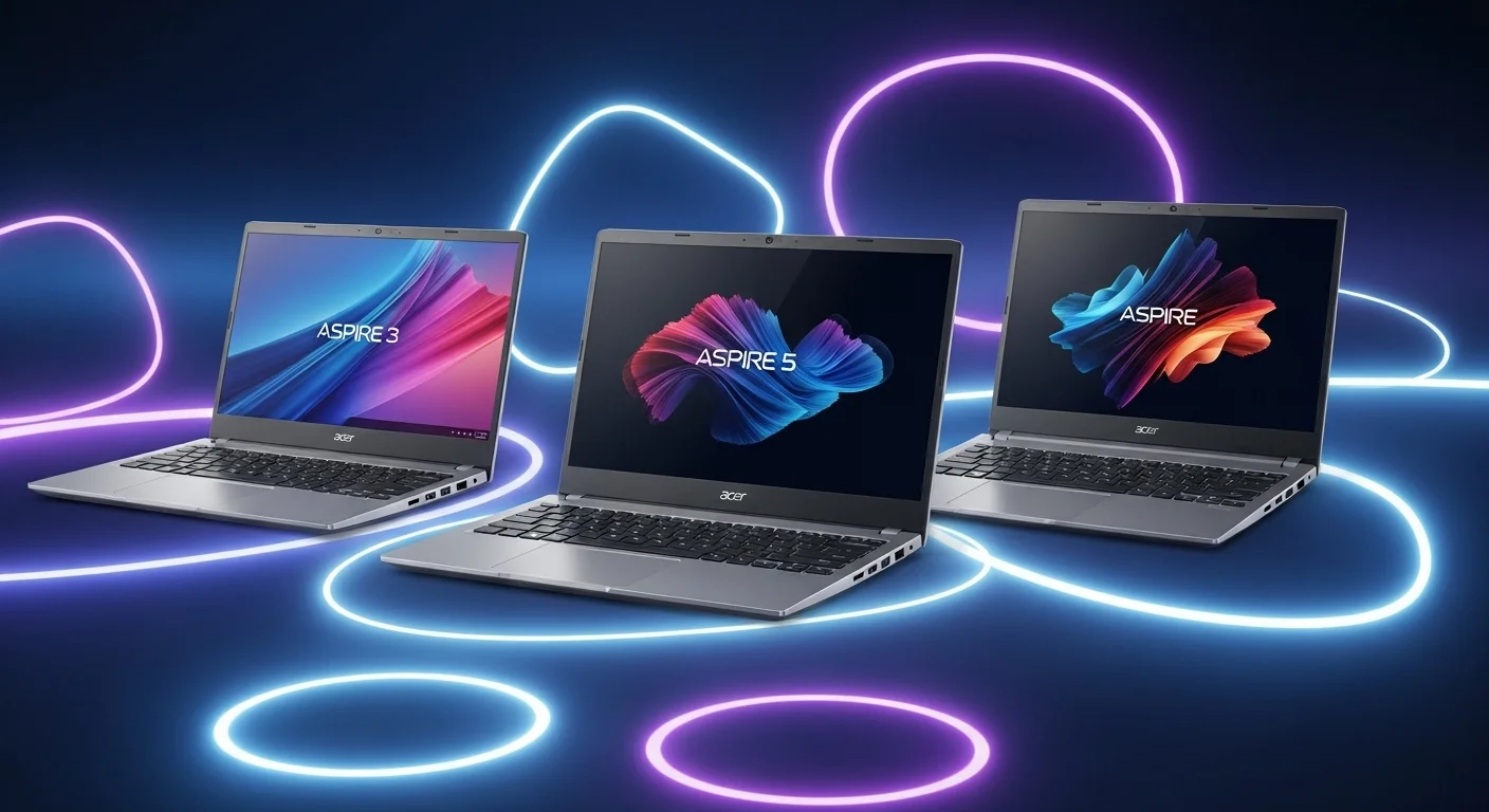 Una composición de las computadoras portátiles de la serie Acer Aspire, mostrando un Aspire 3, un Aspire 5 y un Aspire Vero sobre un fondo tecnológico.