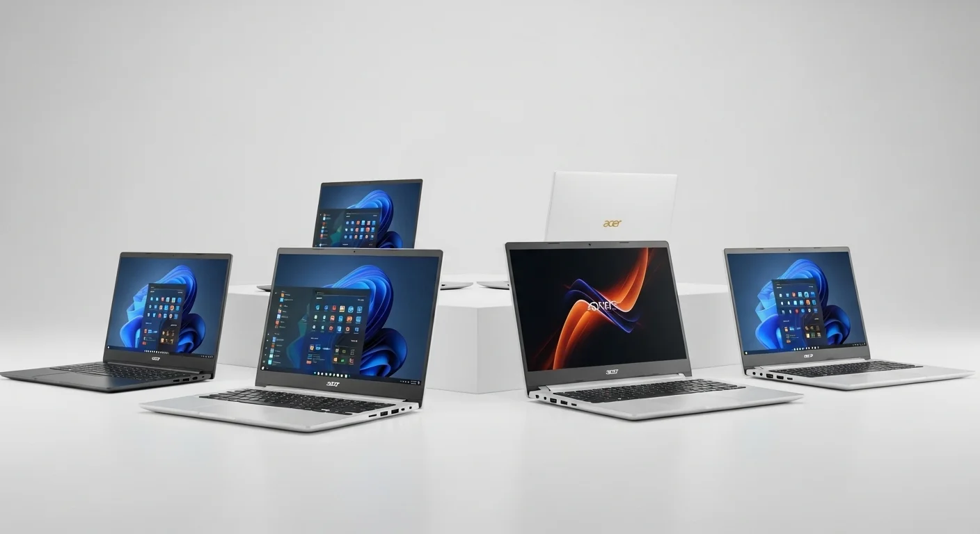 Una selección de computadoras portátiles de la serie Acer Aspire, mostrando diversos modelos y diseños sobre un fondo moderno.