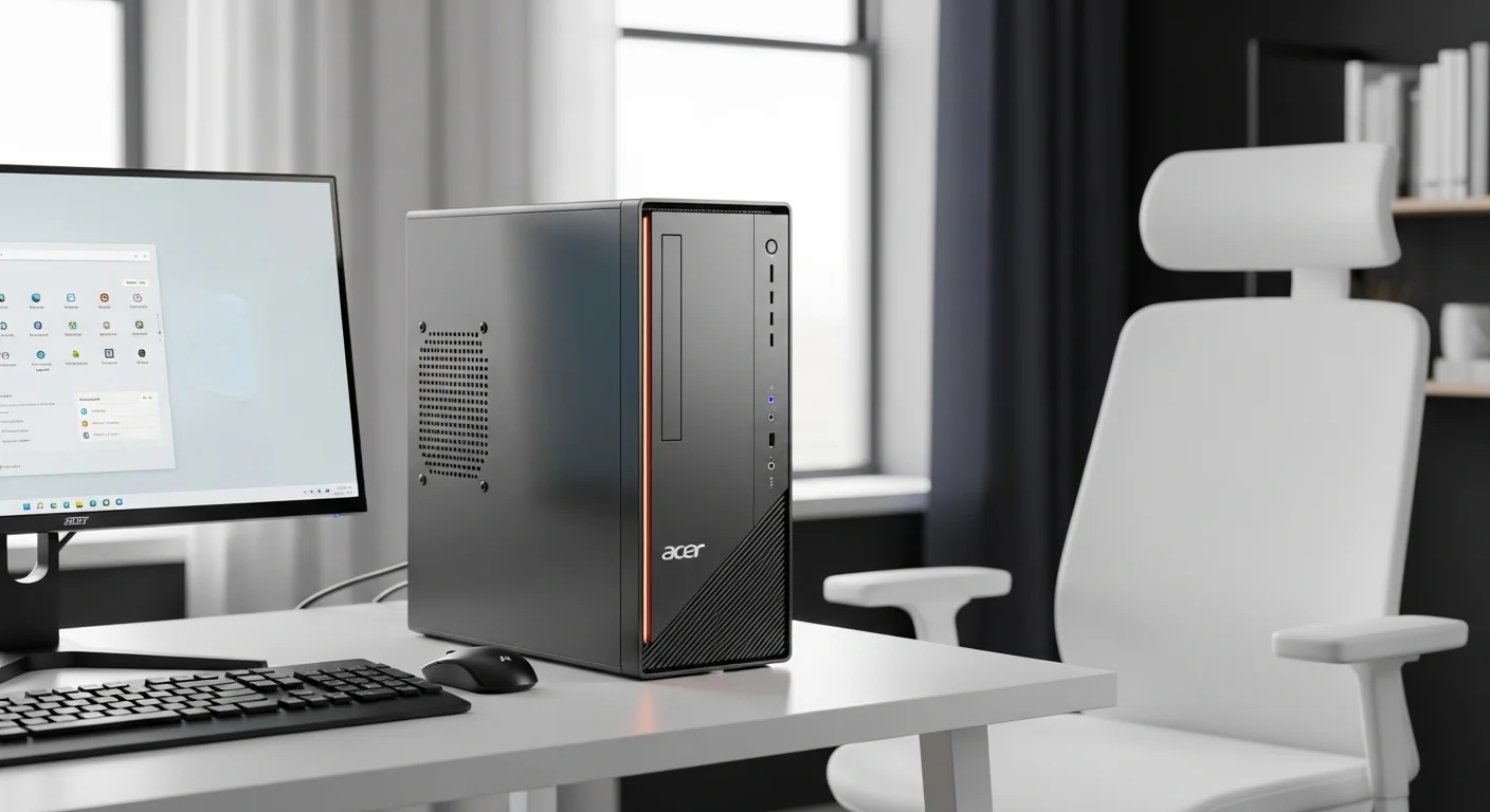 Una computadora de escritorio Acer Aspire TC-895 en un escritorio moderno, mostrando su diseño elegante y conectividad.