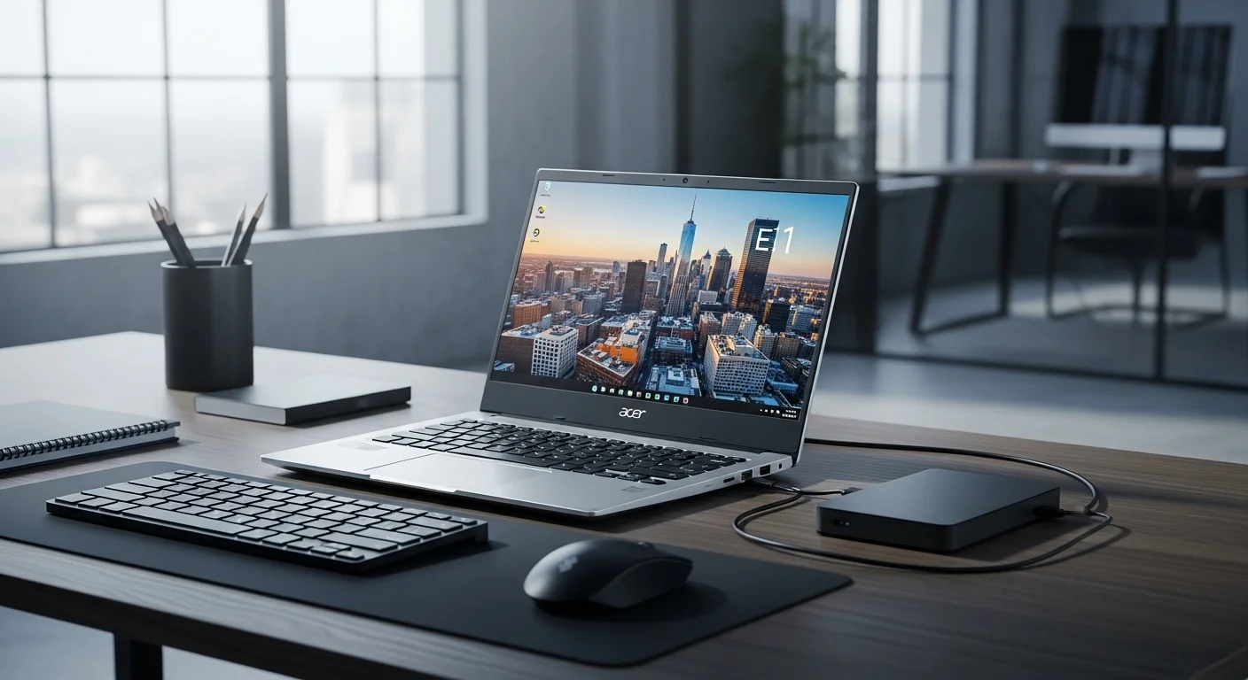 Una laptop de la serie Acer E1 sobre un escritorio, mostrando su diseño clásico y funcional, rodeada de accesorios tecnológicos.