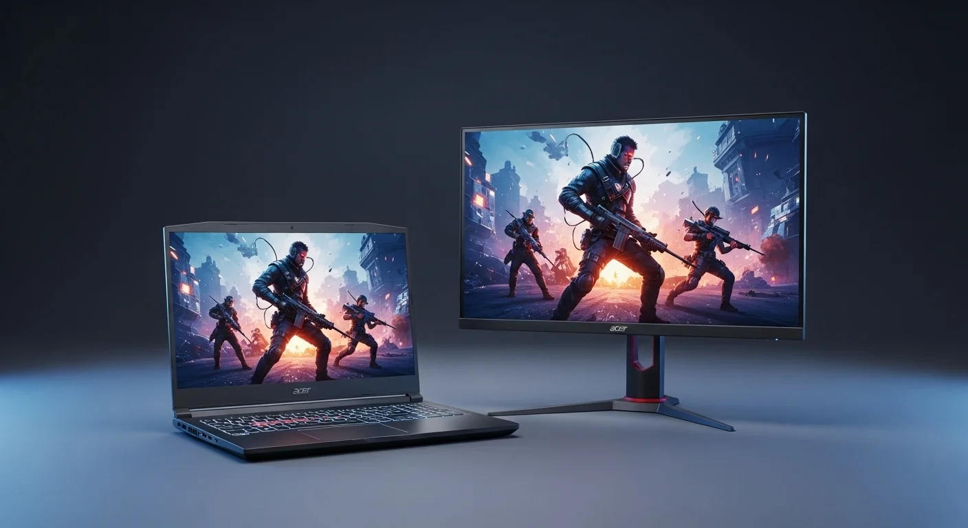 Un setup de gaming completo con una computadora portátil Acer Nitro 7 y un monitor Acer Nitro VG270UP mostrando un juego de acción vibrante.