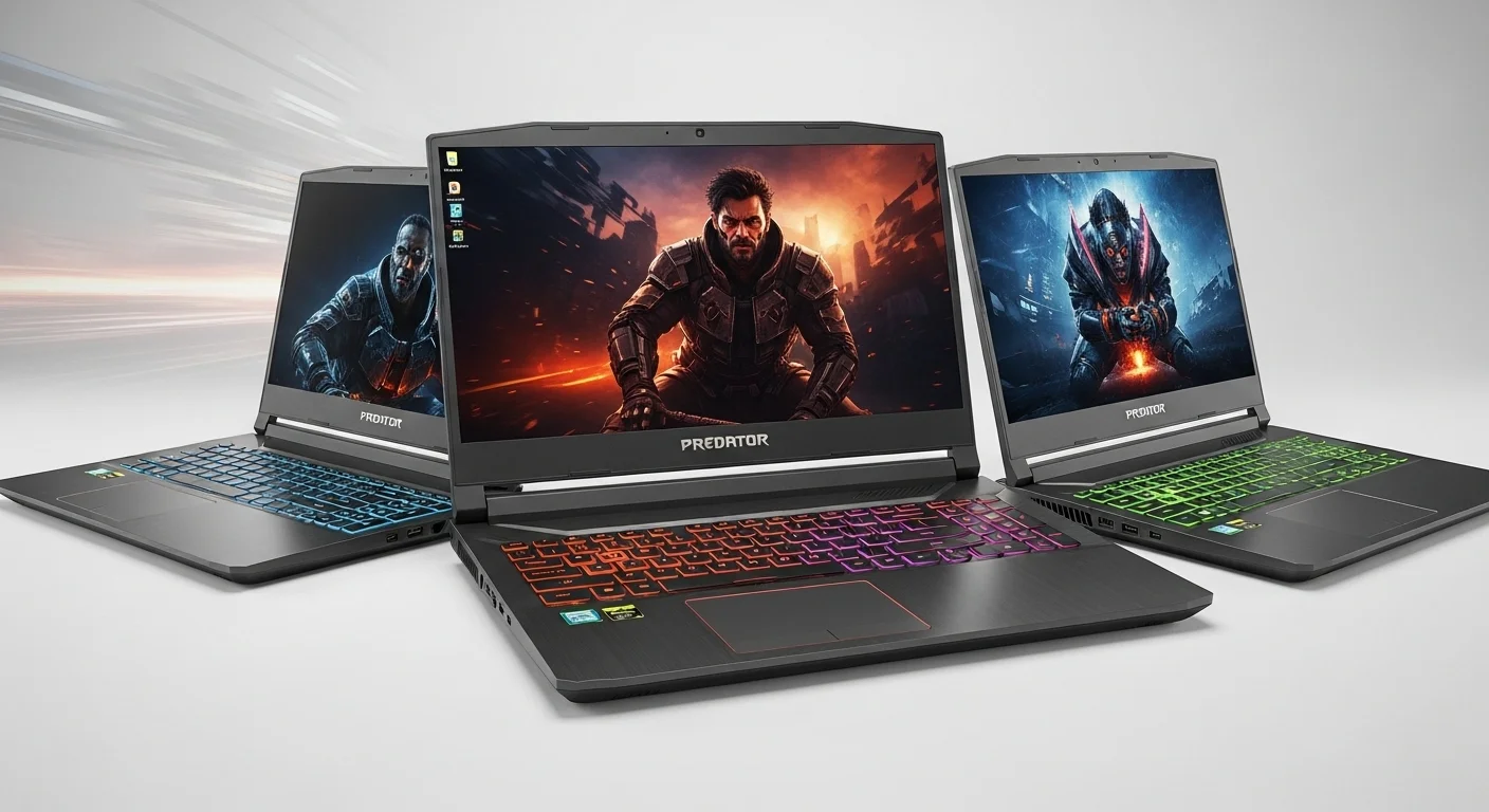 Una composición de varias computadoras portátiles de la serie Acer Predator Helios, mostrando sus diseños agresivos y teclados iluminados, destacando la tecnología de gaming.
