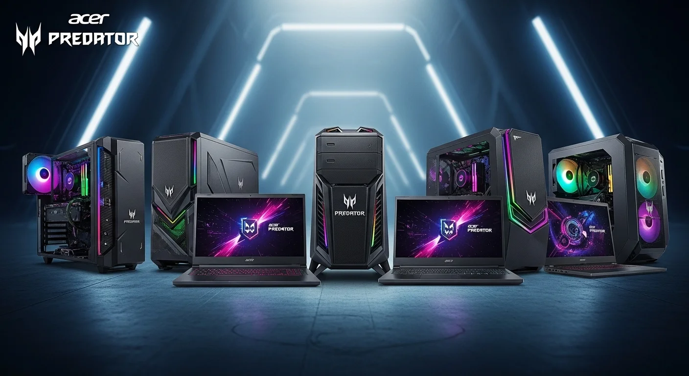 Una colección de computadoras y laptops Acer Predator mostrando sus diseños agresivos y luces RGB.