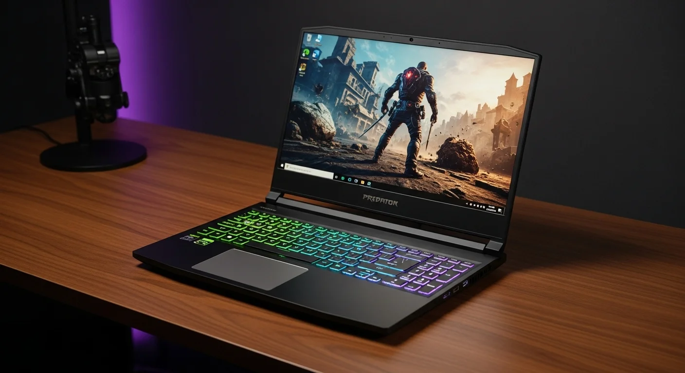 Una laptop de la serie de computadoras Acer Predator Triton 500 SE en un escritorio, con el teclado RGB iluminado y una imagen de un videojuego en la pantalla, mostrando su capacidad para el gaming de alto rendimiento.