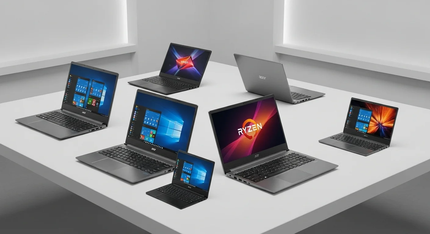 Varias computadoras portátiles Acer Ryzen de las series Aspire, Nitro y Swift expuestas sobre una superficie limpia y moderna, mostrando sus diferentes diseños.