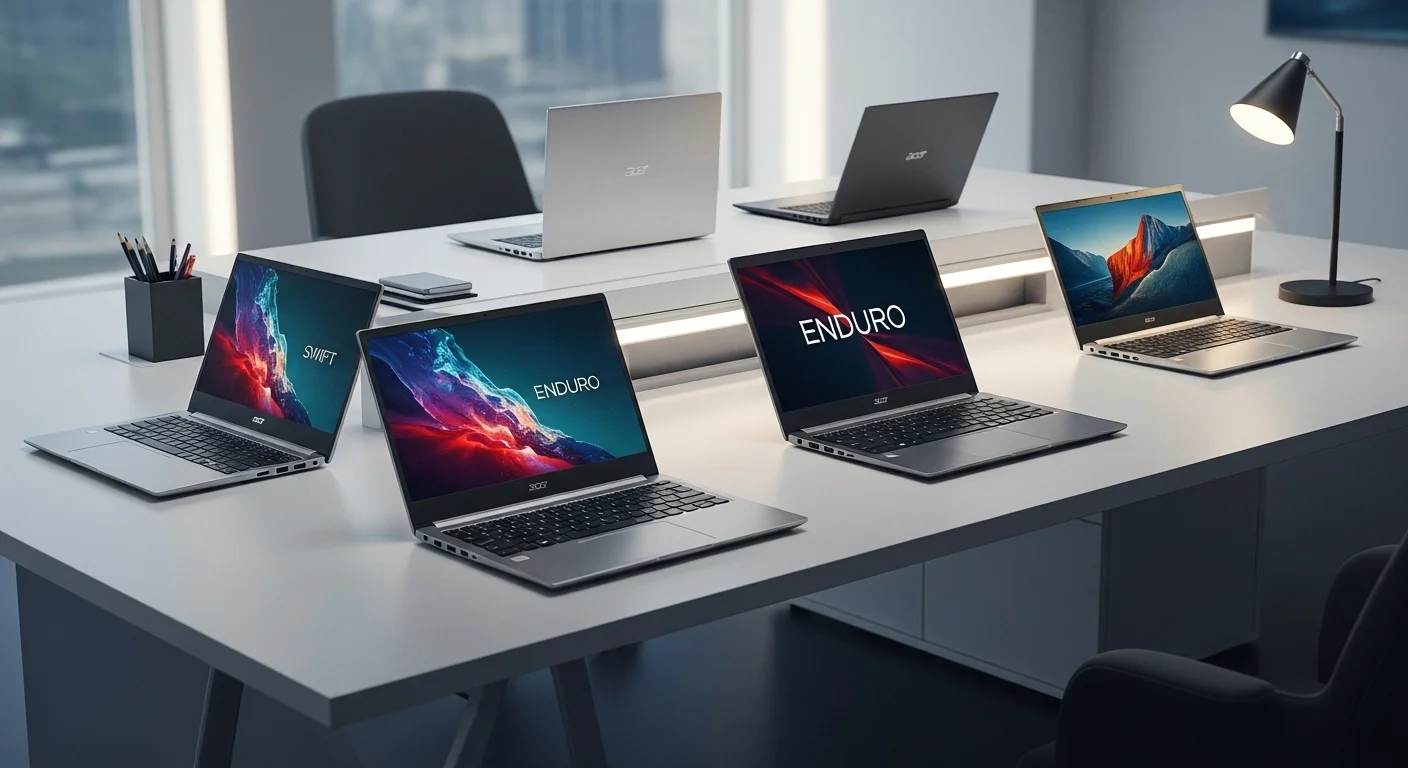 Varias computadoras portátiles de Acer, incluyendo modelos Swift y Enduro, dispuestas en un moderno escritorio de oficina tecnológica.
