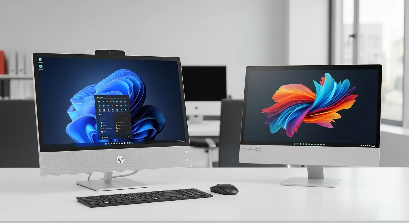 Una selección de computadoras AIO modernas, incluyendo un HP AIO 24 y un Yoga AIO 7, en un escritorio de oficina limpio y bien iluminado.