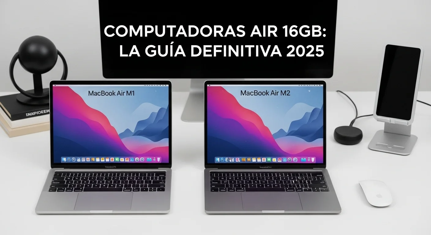 Una comparativa lado a lado de las computadoras MacBook Air M1 y MacBook Air M2 con 16GB de RAM, mostrando sus diferentes diseños sobre un escritorio de trabajo moderno con accesorios tecnológicos.
