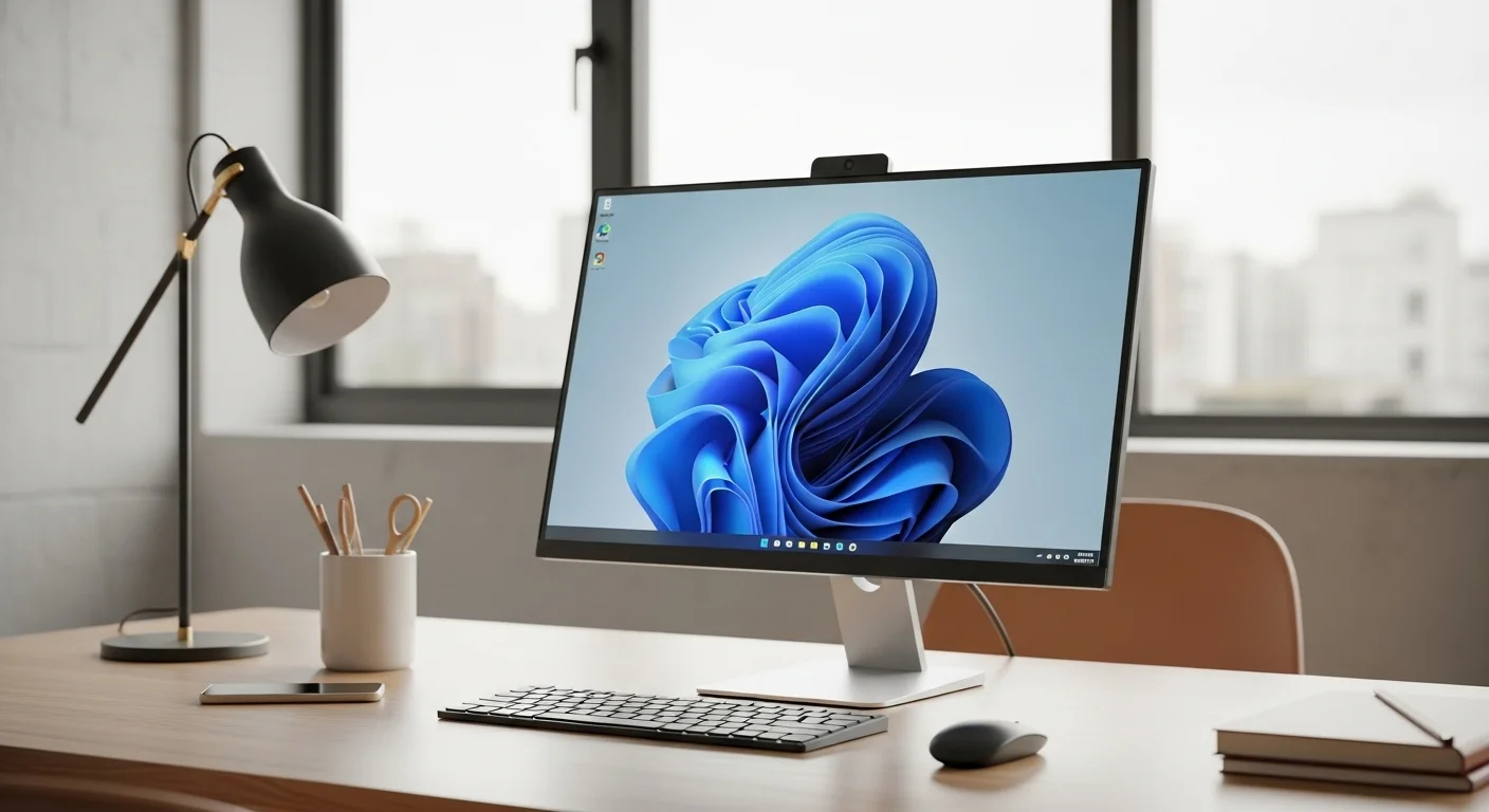 Una computadora All In One de diseño elegante en un moderno escritorio de oficina, mostrando su estética minimalista y su ahorro de espacio.