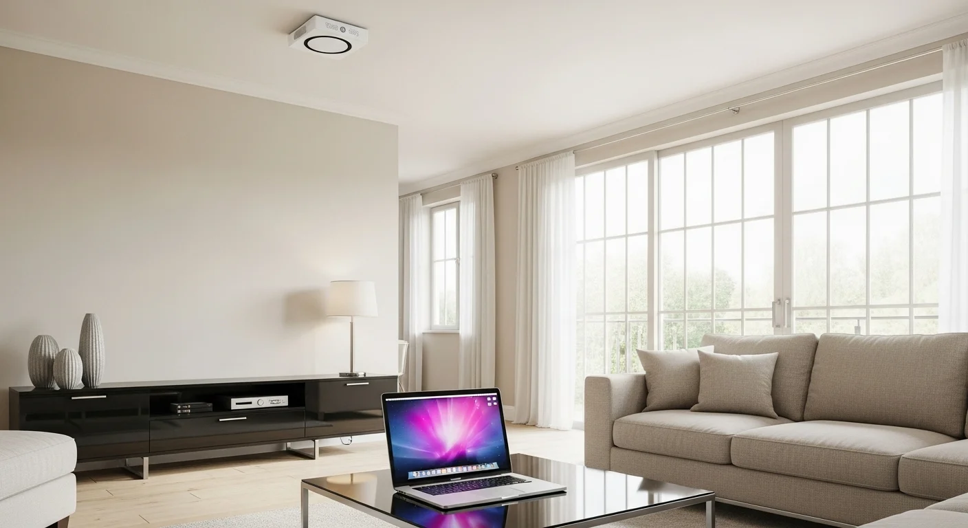 Una sala de estar moderna y minimalista donde se ve una laptop sobre una mesa de café, controlando un sistema de altavoces de techo bluetooth discretamente instalados.